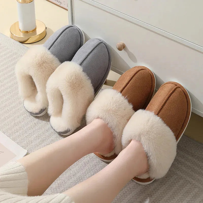 Women's plush indoor slippers with round toe, flat heel, and anti-slip PVC sole in five colour options