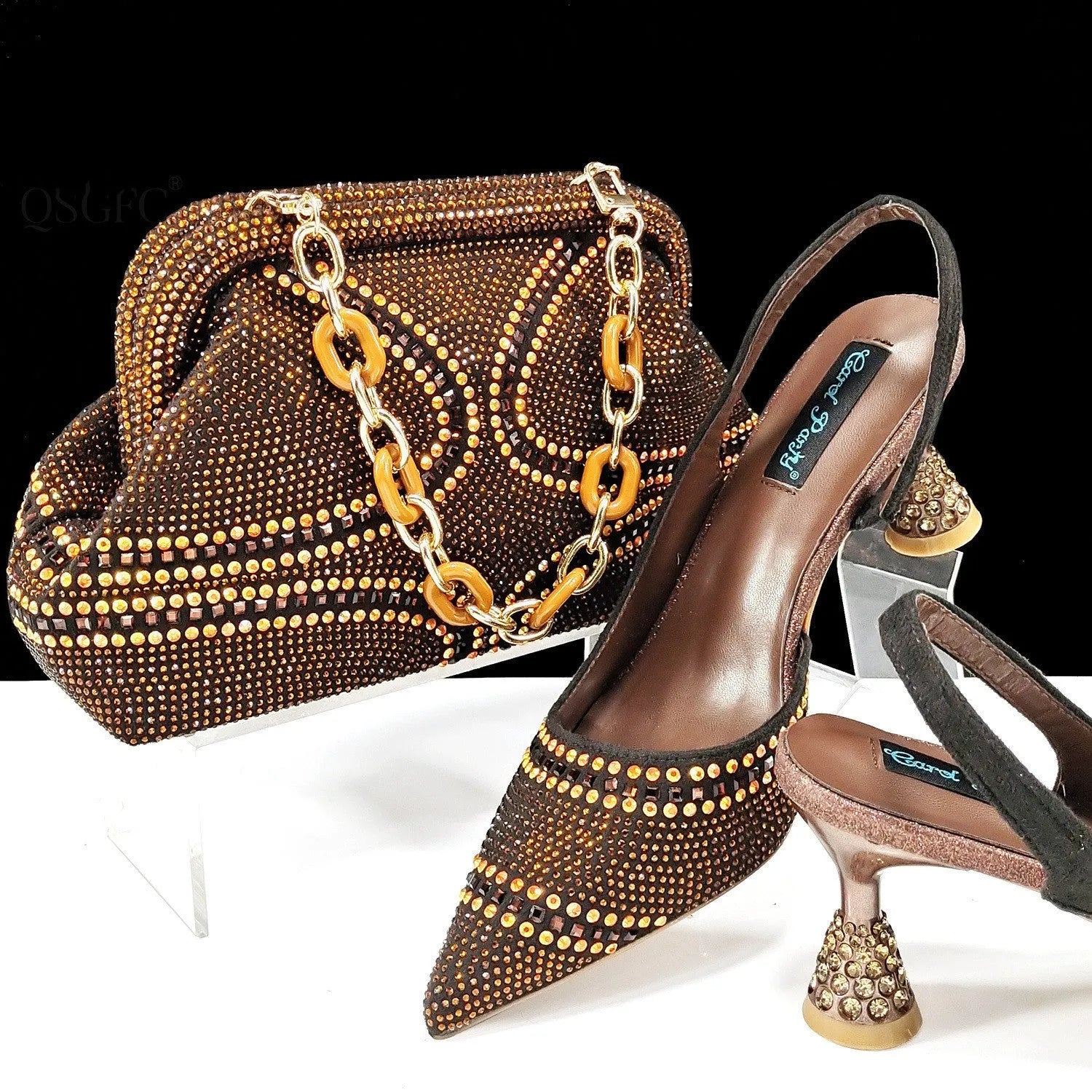 Women's pointed toe high heel stiletto shoes with matching small bag in synthetic leather