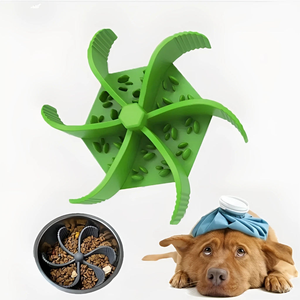 Silicone pet slow food licking pad with sucker cup for dogs and cats, shown in blue, green, grey, or red.