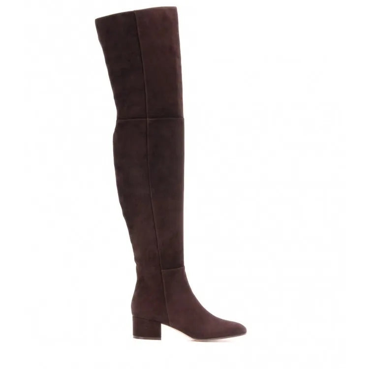Women's grey suede flat over-the-knee boots with pointed toe and low thick heel