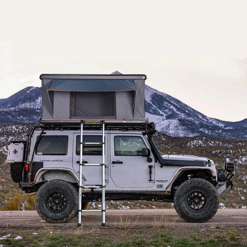Black and dark grey car roof tent with aluminium alloy poles, 210x132x110cm open size, double layer Oxford cloth