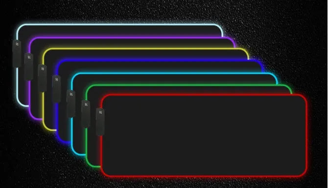RGB luminous mouse pad with switch control, multiple sizes, 3mm or 4mm thickness, and 2m data cable included.