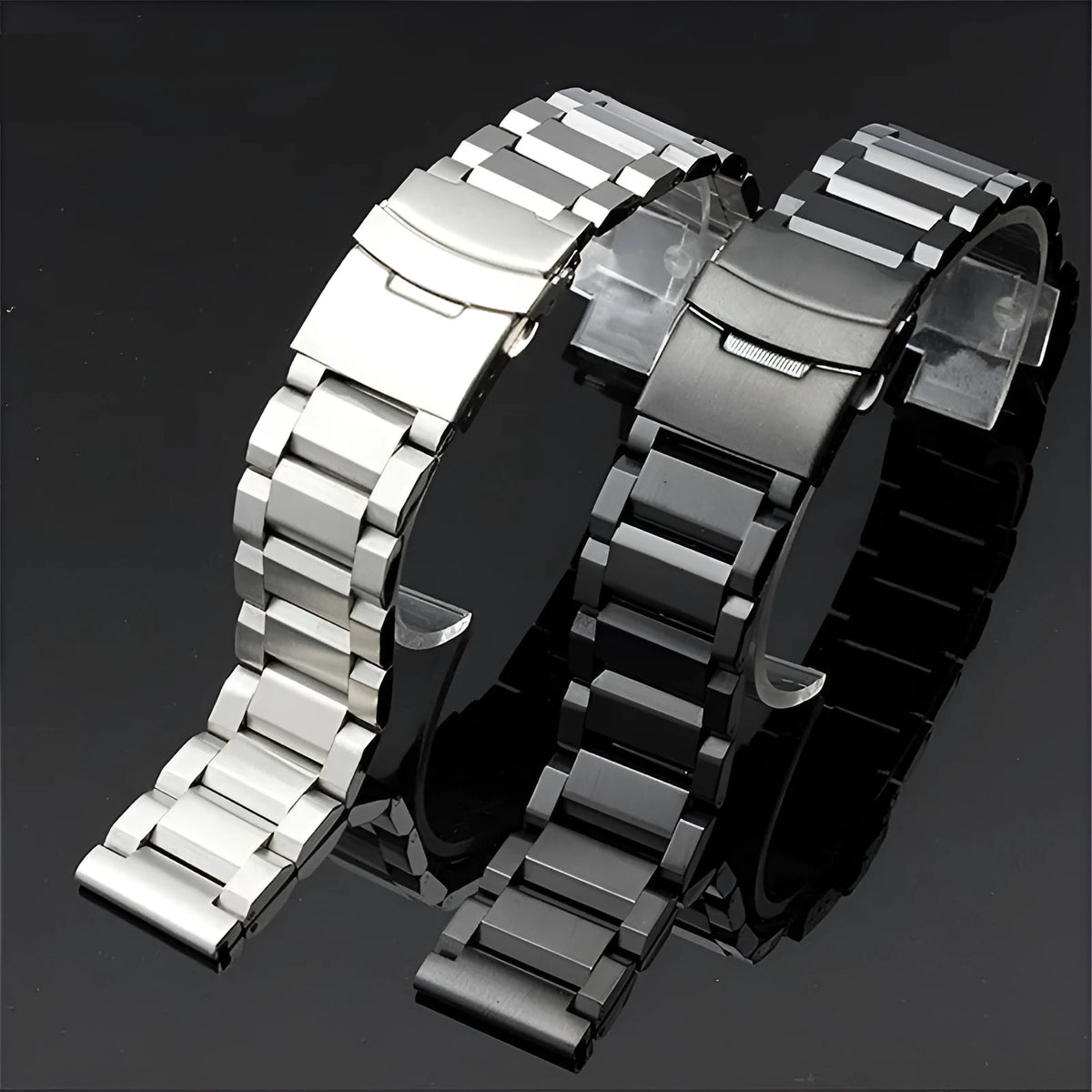 Solid stainless steel watch strap with double-security buckle, quick release, in silver black gold or rose gold, 18-24mm