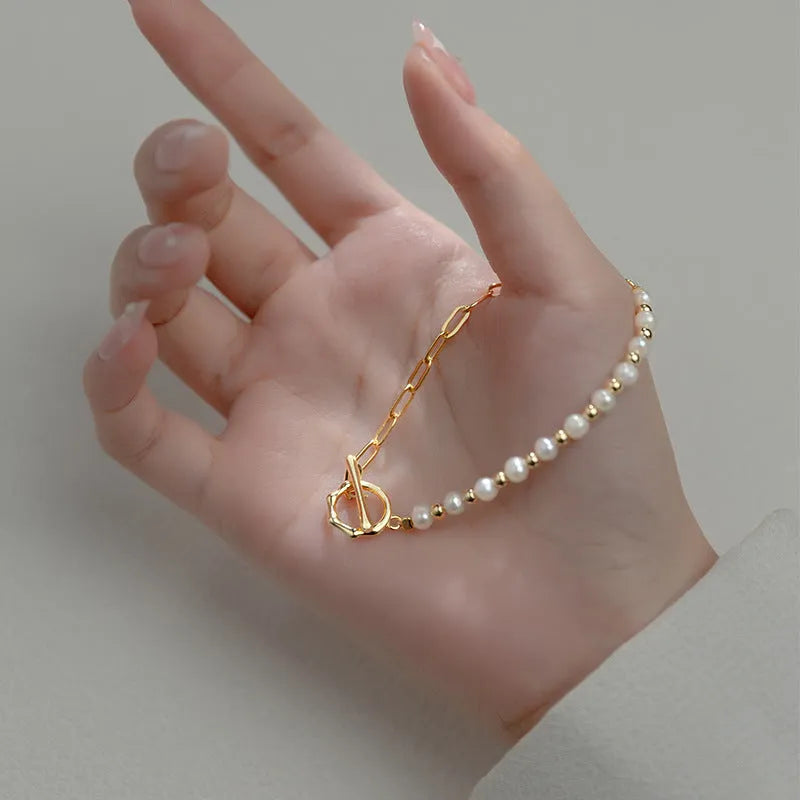 Women's Korean-style geometric pearl stitching bracelet with electroplated S925 silver finish on alloy
