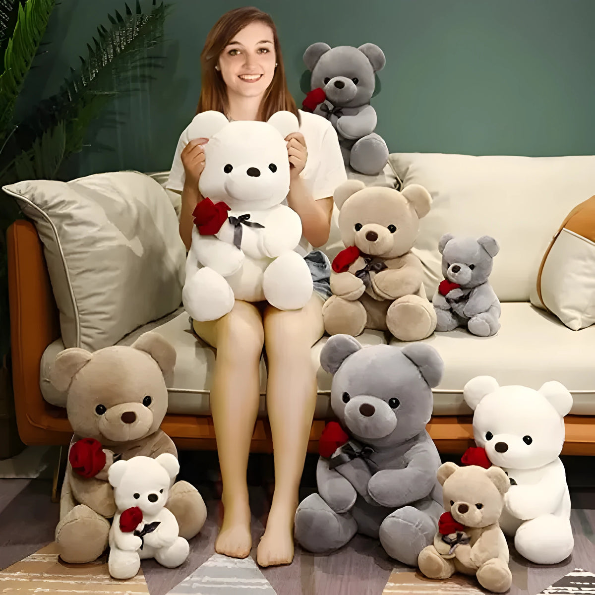 Rose bear plush teddy bear pillow in soft short plush fabric with PP cotton filling