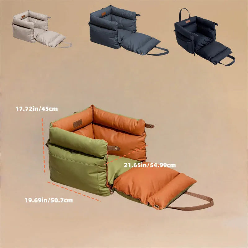 Green removable cover dog car nest with waterproof PU leather, shown next to a car seat.