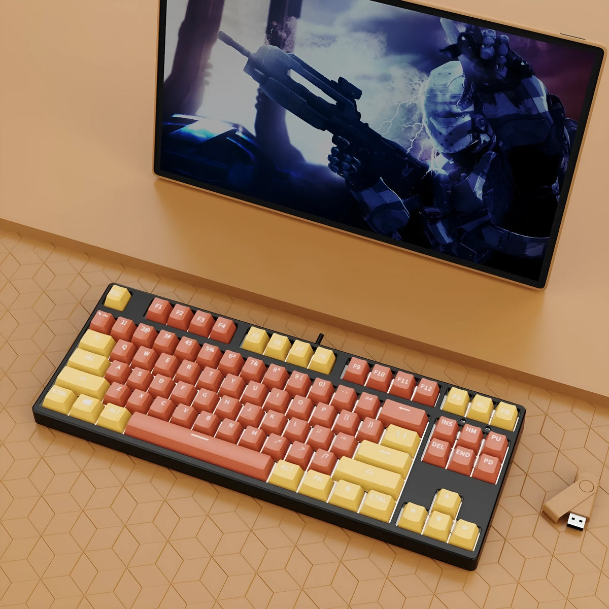 87-key wired mechanical keyboard with hot-swappable switches showing multiple colour combination options