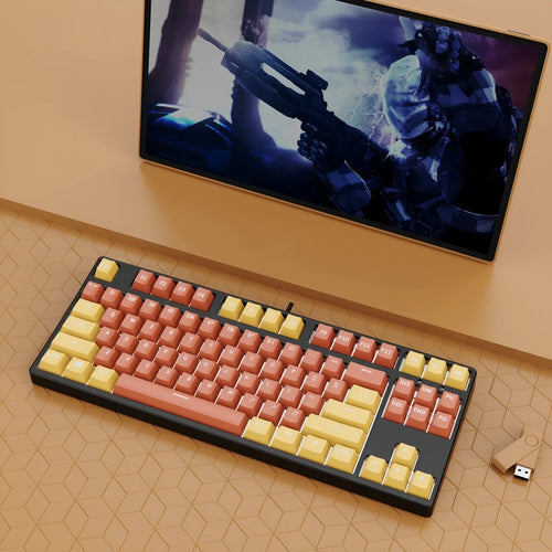 87-key wired mechanical keyboard with hot-swappable switches showing multiple colour combination options