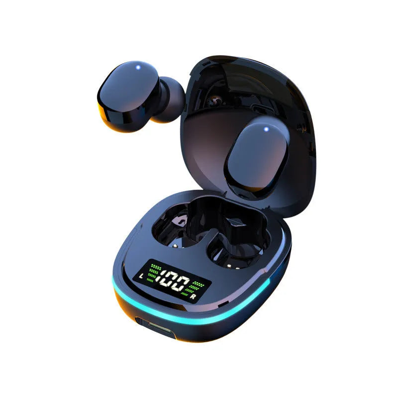 Black true wireless Bluetooth headphones with charging case and multiple ear caps