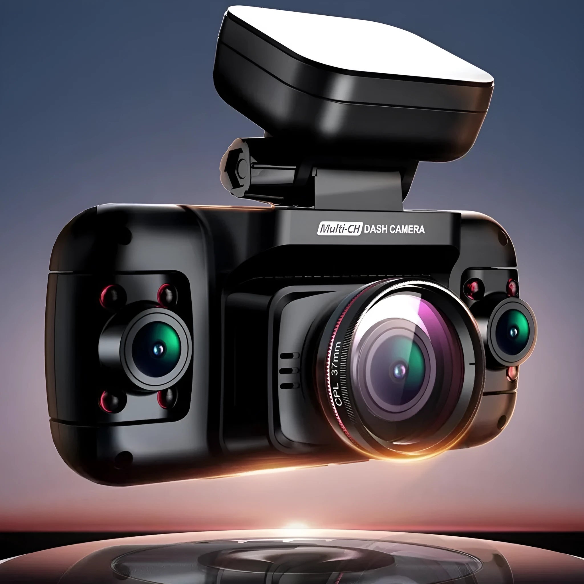 Panoramic four-lens car dashboard camera with 2-inch screen mounted in vehicle