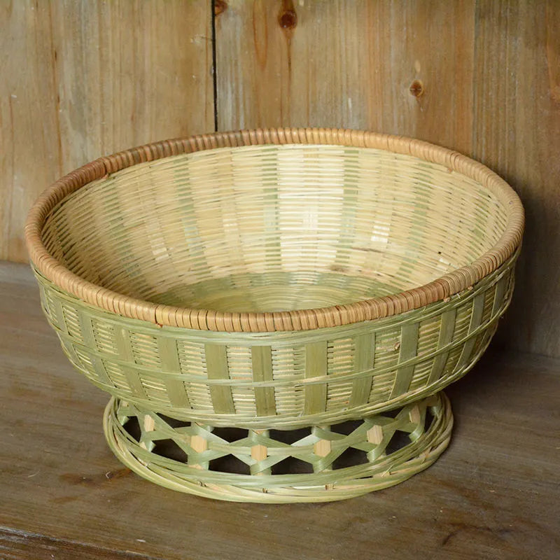 Handmade bamboo storage basket with three compartments measuring 26x8cm, 25x9cm, and 24x12cm