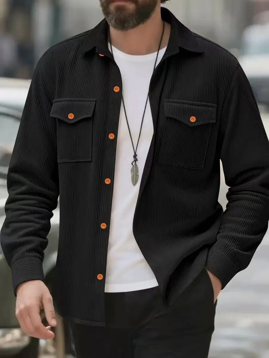 Men's solid-colour corduroy jacket in light gray, black, beige or army green, sizes S to XXXL, simple casual style