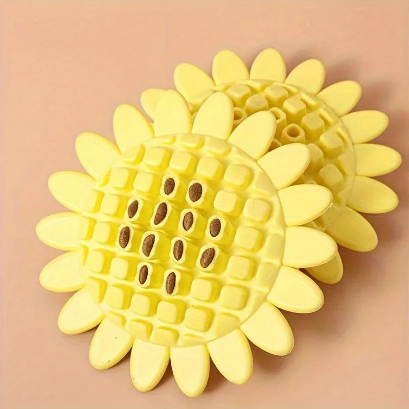 Yellow rubber sunflower dog toy durable chew for puppies teething and playing