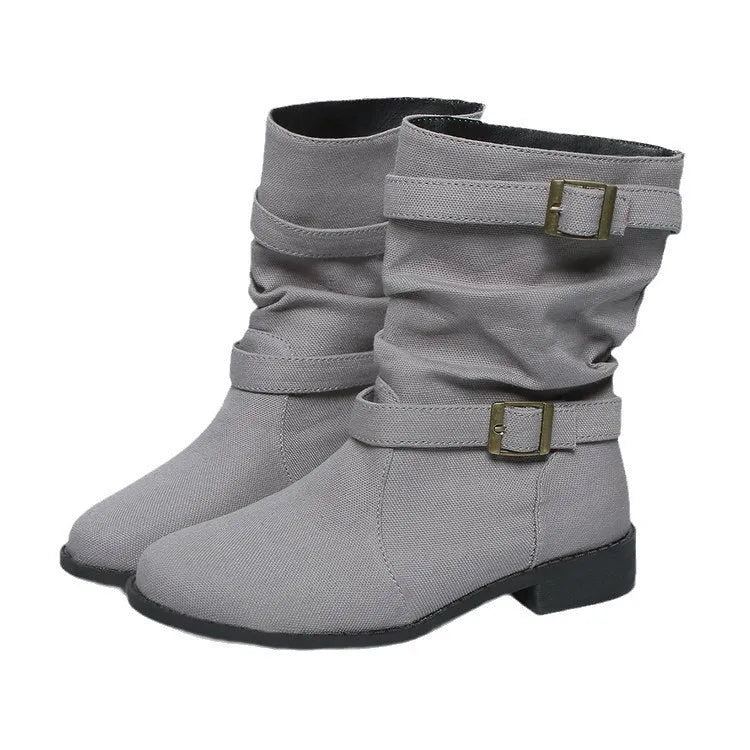 Women's denim leather boots with square heel, round toe, mid heel 3-5cm, high cylinder, artificial PU upper, rubber sole