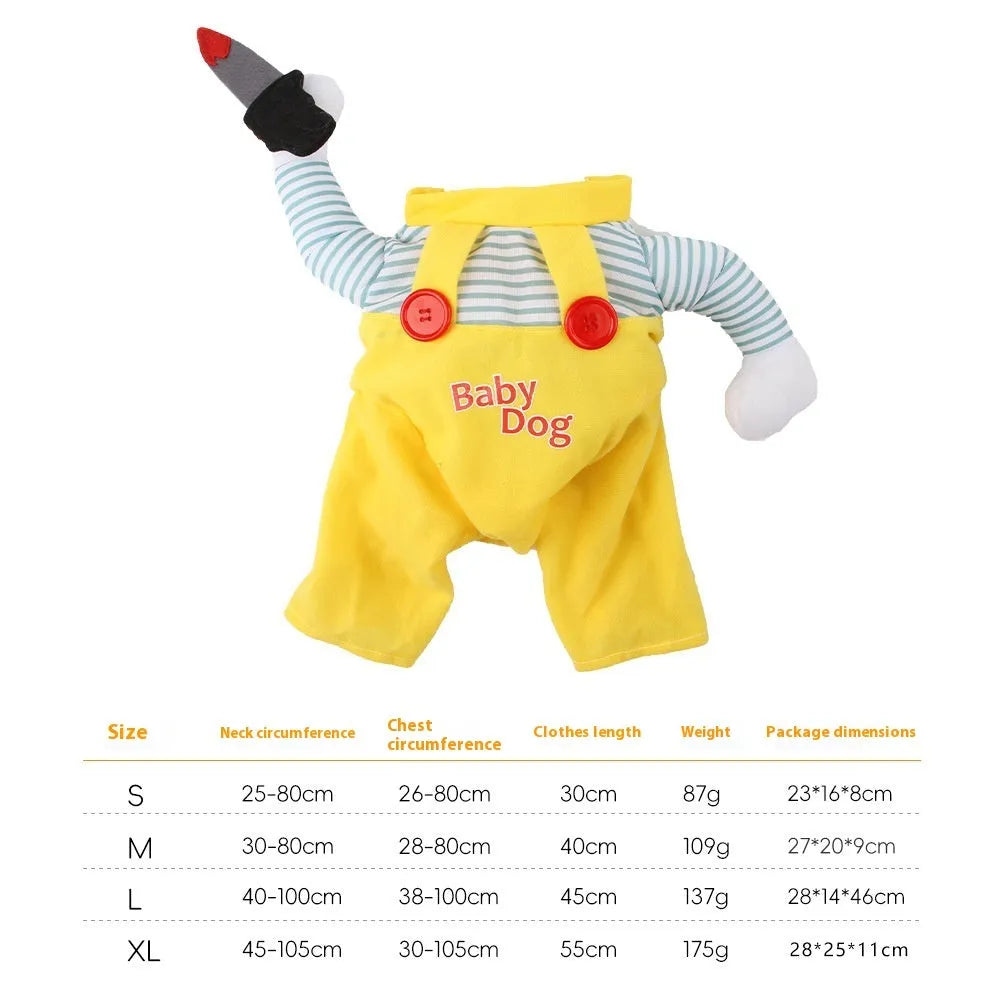 Yellow sword pattern cat costume on pet mannequin showing assassin theme with four size options