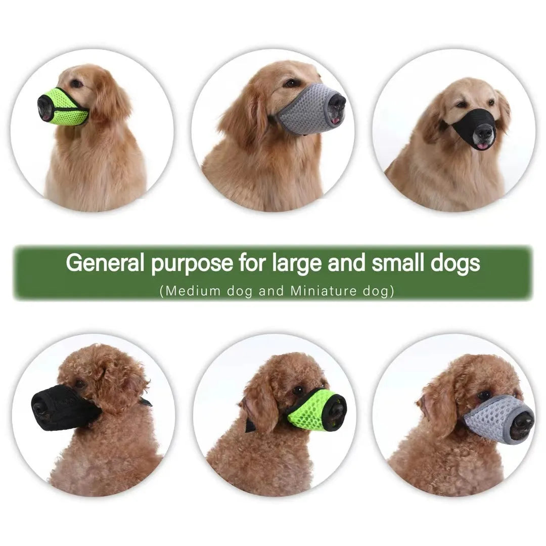 Breathable mesh dog muzzle with adjustable buckle in black, grey, or green, sizes S to XXL for biting and barking.