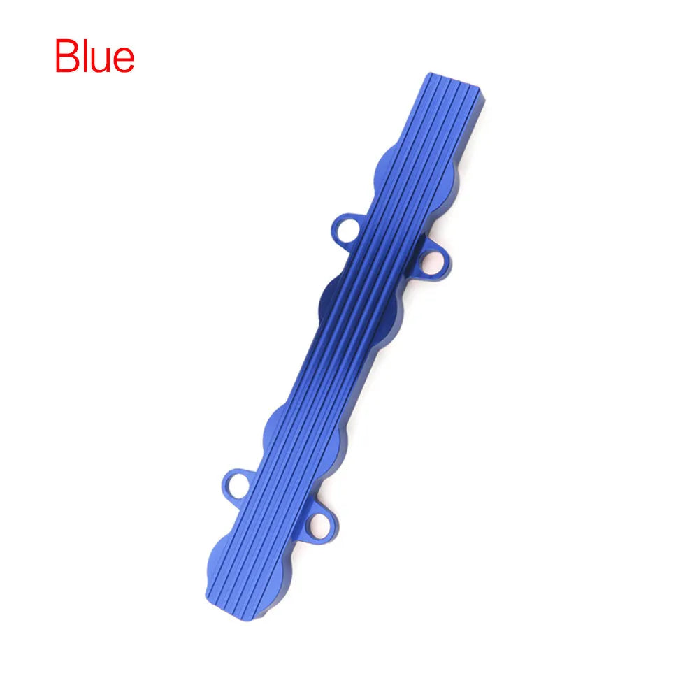 Aluminium alloy engine harness housing cover in blue, red, and silver, shown with and without mounting holes.