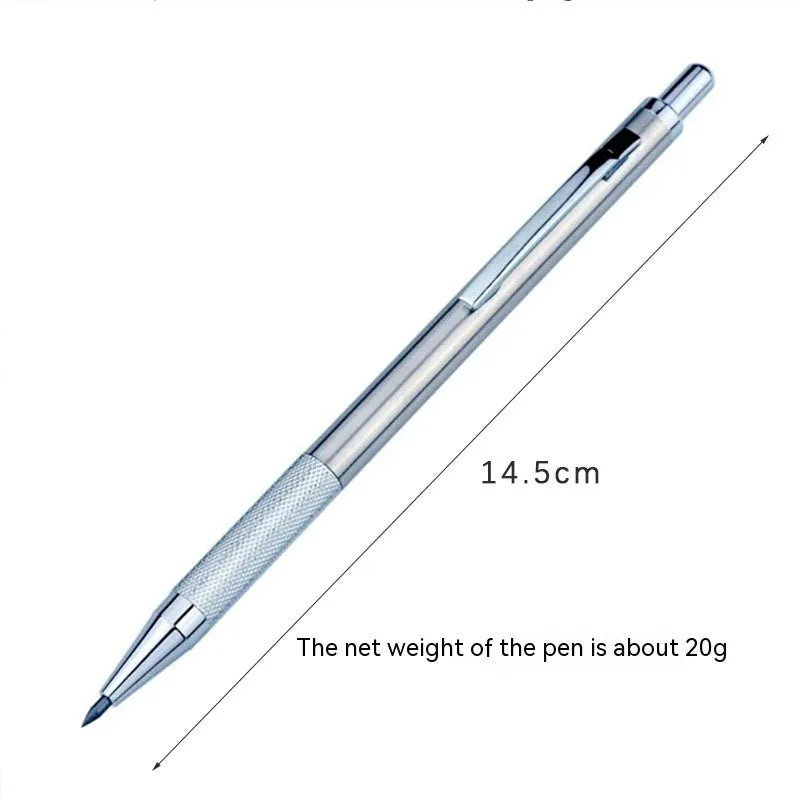 Silver metal automatic mechanical pencil with six compatible lead sizes from 0.5mm to 2.0mm on a notebook.