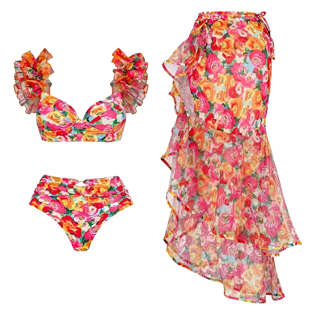 Women's floral high waist push up bikini swimsuit with skirt option