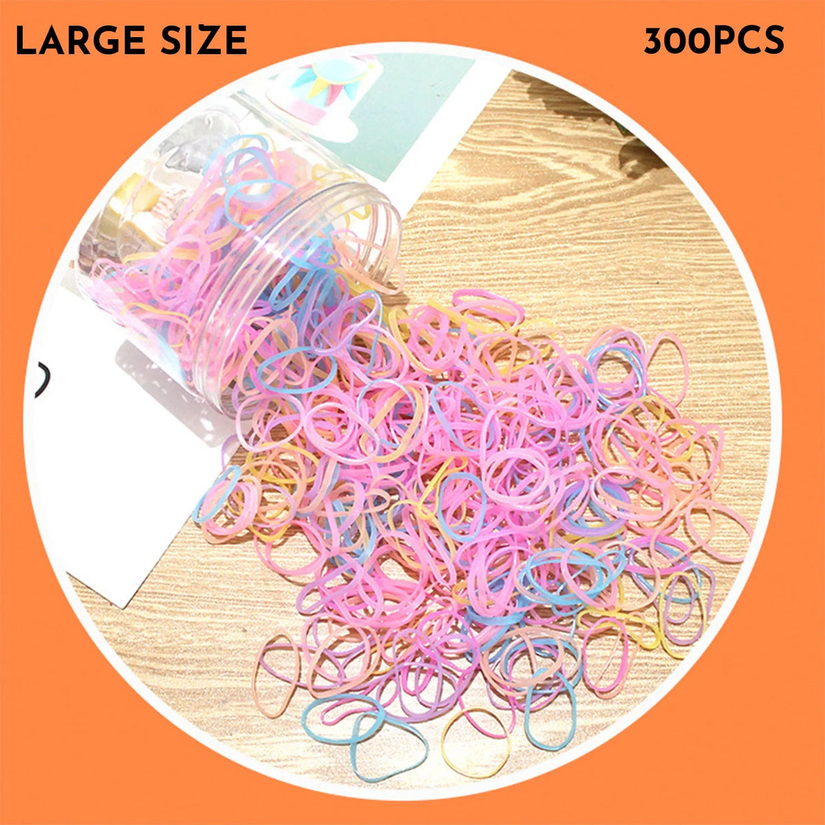 Multi-colour TPU baby hair elastic bands spilling from a reusable container.