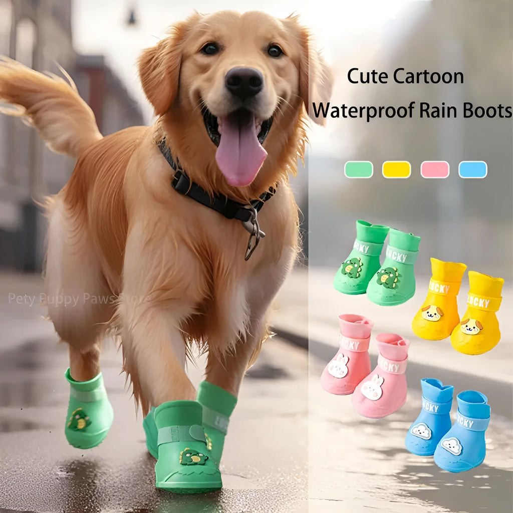 Waterproof anti-slip rubber pet rain boots in blue, green, pink, yellow, 4-pack, sizes L-5XL