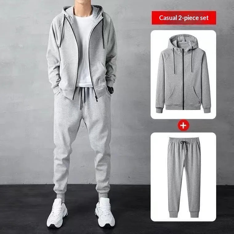 Men's loose zip-up hoodie sweater set in cotton available in black and gray