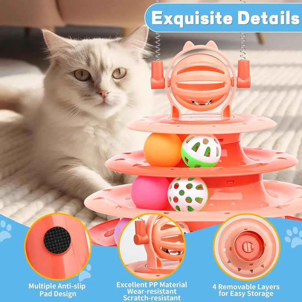 4-tier interactive cat puzzle ball toy with six coloured balls, two teasing rods, and bell on top