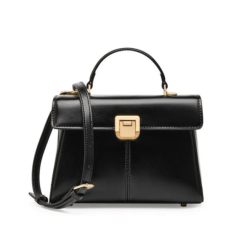 Women's black leather shoulder bag with vachette clasp and horizontal square shape