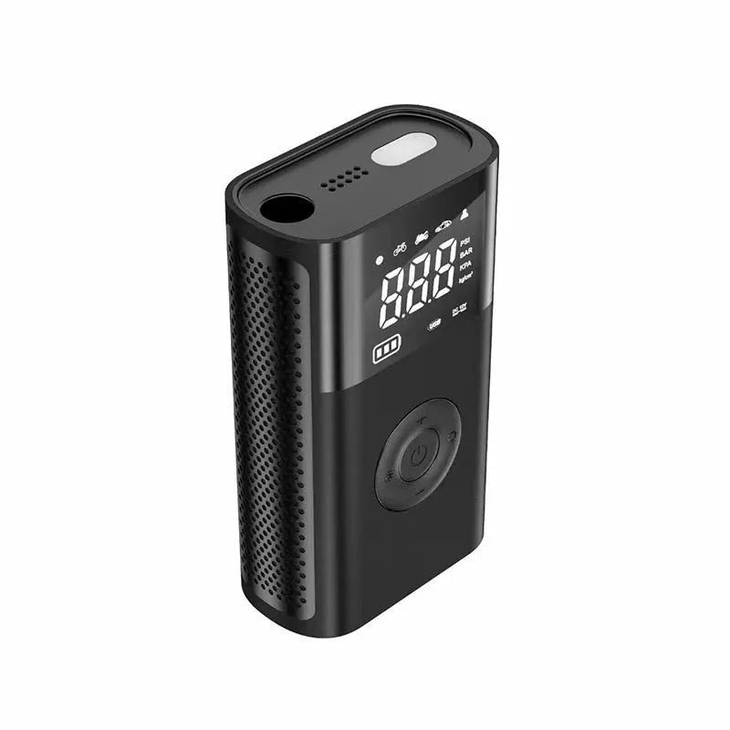 Wireless handheld digital tyre pump with LCD display, black ABS casing, and set of inflation nozzles.