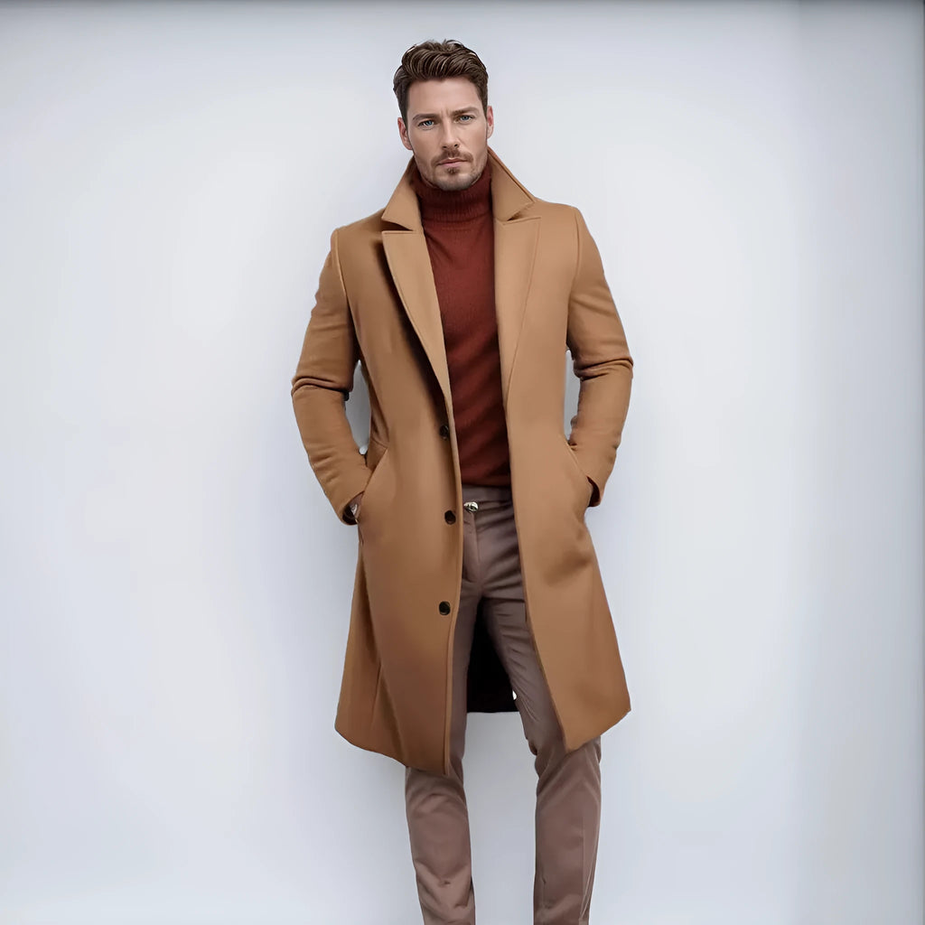 Men's mid-length solid colour woolen coat in black with side seam sidekick pockets