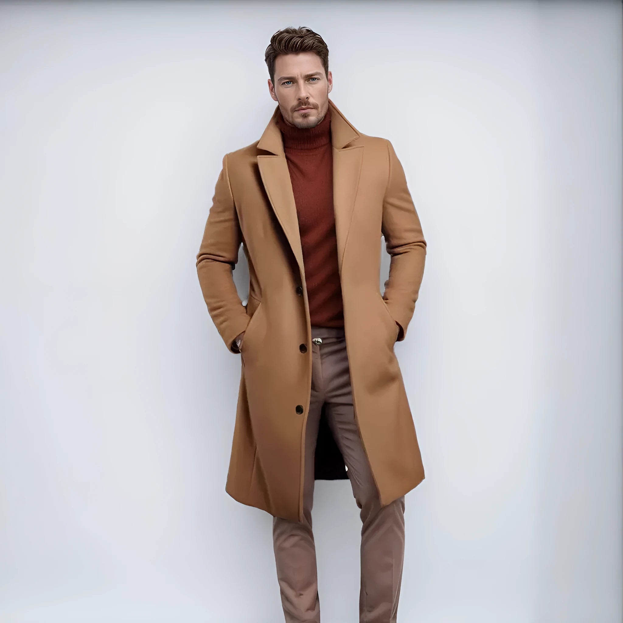 Men's mid-length solid colour woolen coat in black with side seam sidekick pockets