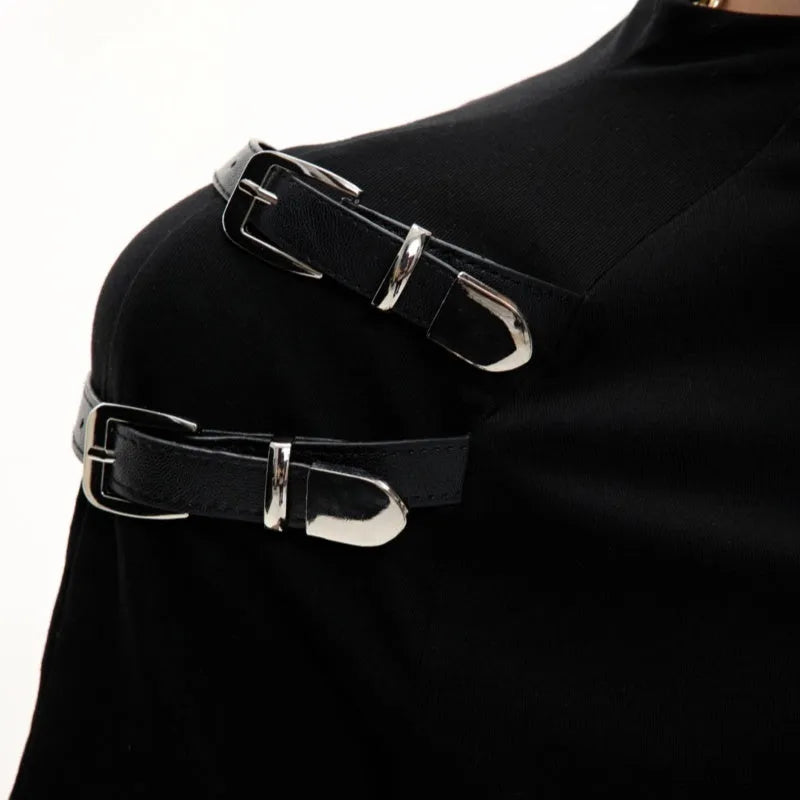 Men's black slim fit cotton T-shirt with stand-up collar and metal belt design detail