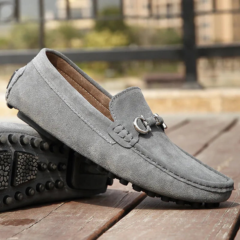 Men's black slip-on leather shoes with square toe and matte cowhide construction