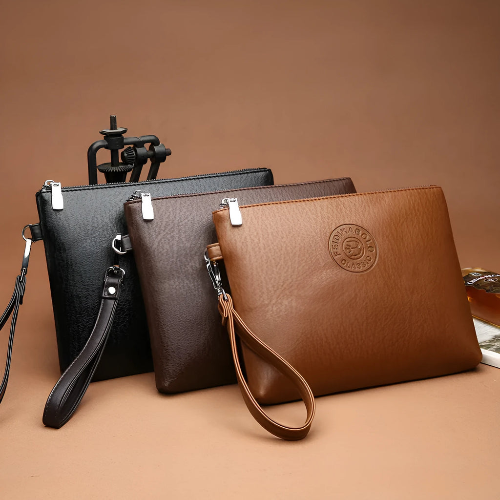 PU leather men's clutch bag horizontal square shape 24cm width zip closure black weave finish