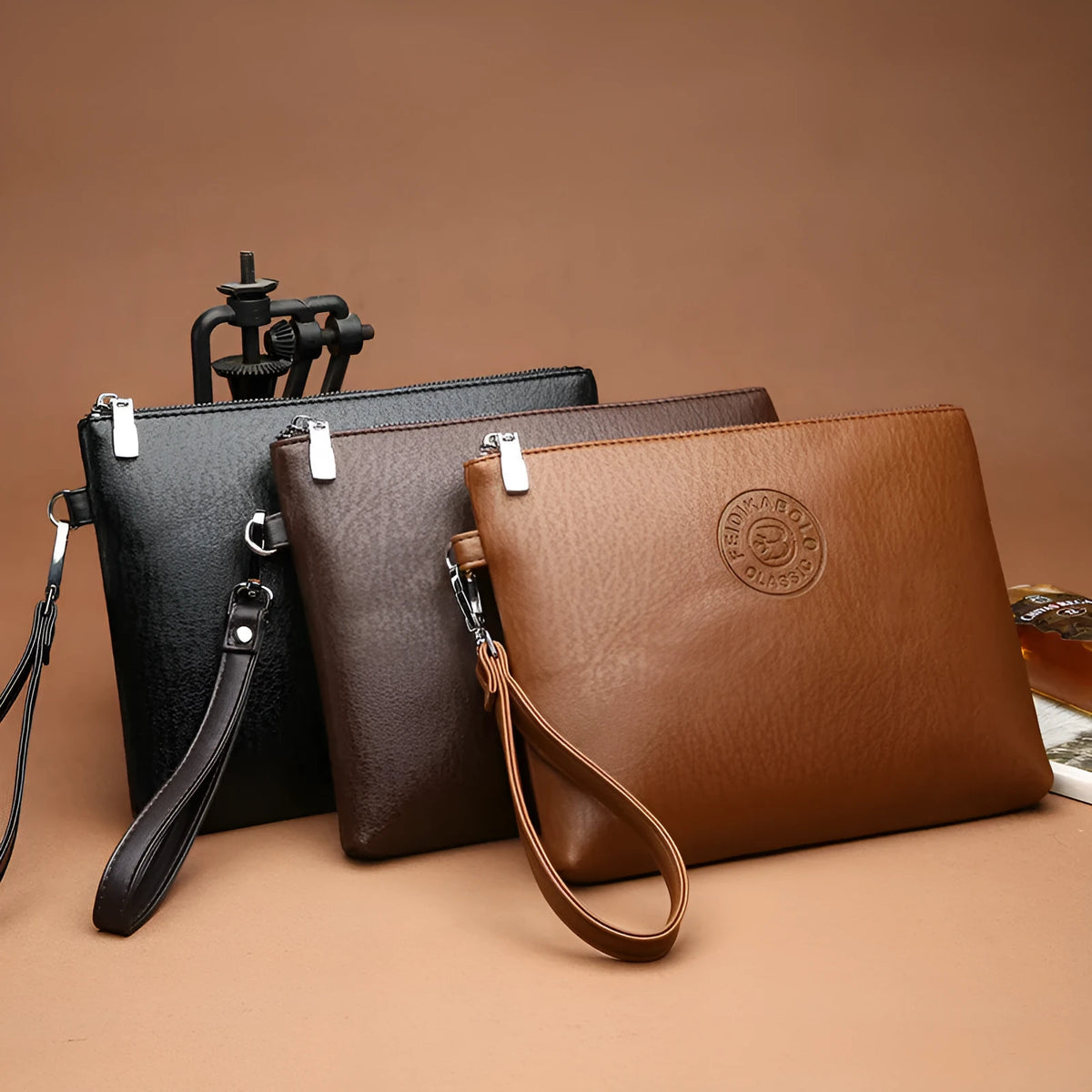 PU leather men's clutch bag horizontal square shape 24cm width zip closure black weave finish
