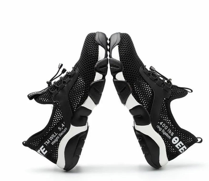 Black breathable mesh work safety shoes with rubber sole, sizes 35 to 48