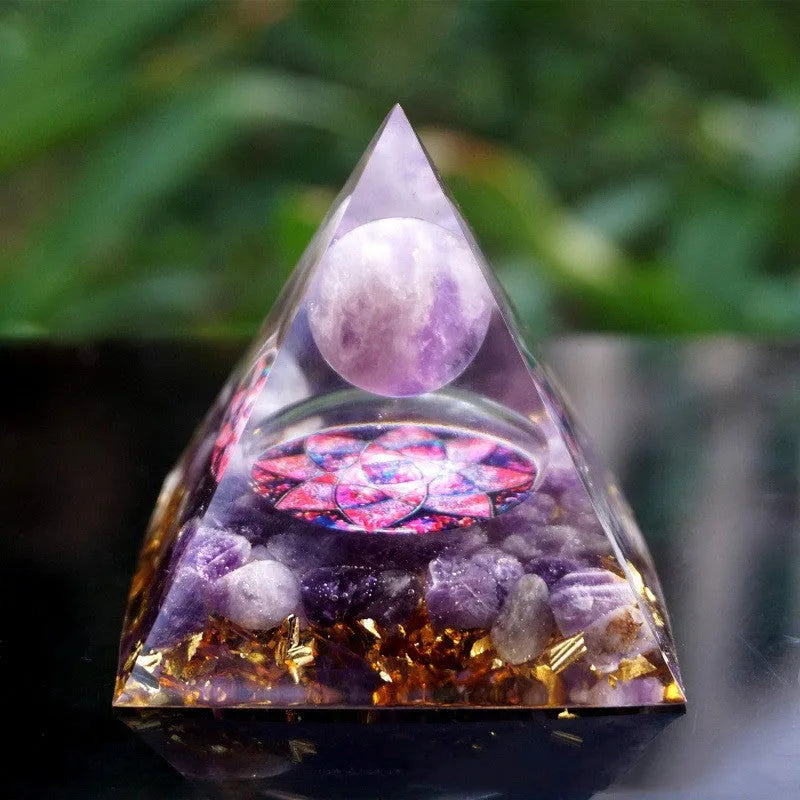 6cm tall epoxy resin pyramid ornament with embedded natural crystal gravel particles