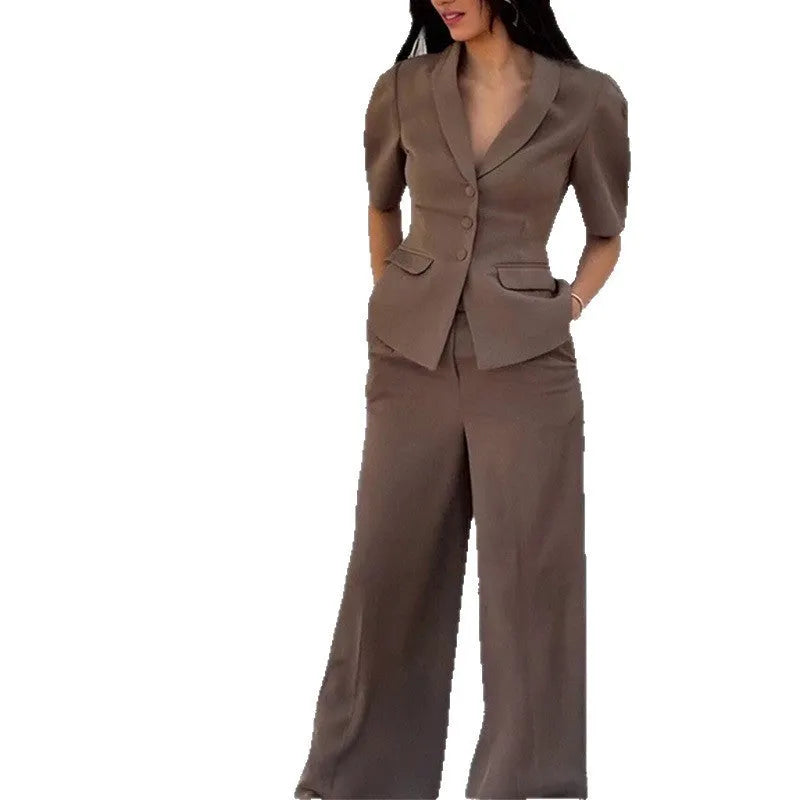 Brown polyester men's top and trousers suit with slim fit waist, long sleeves