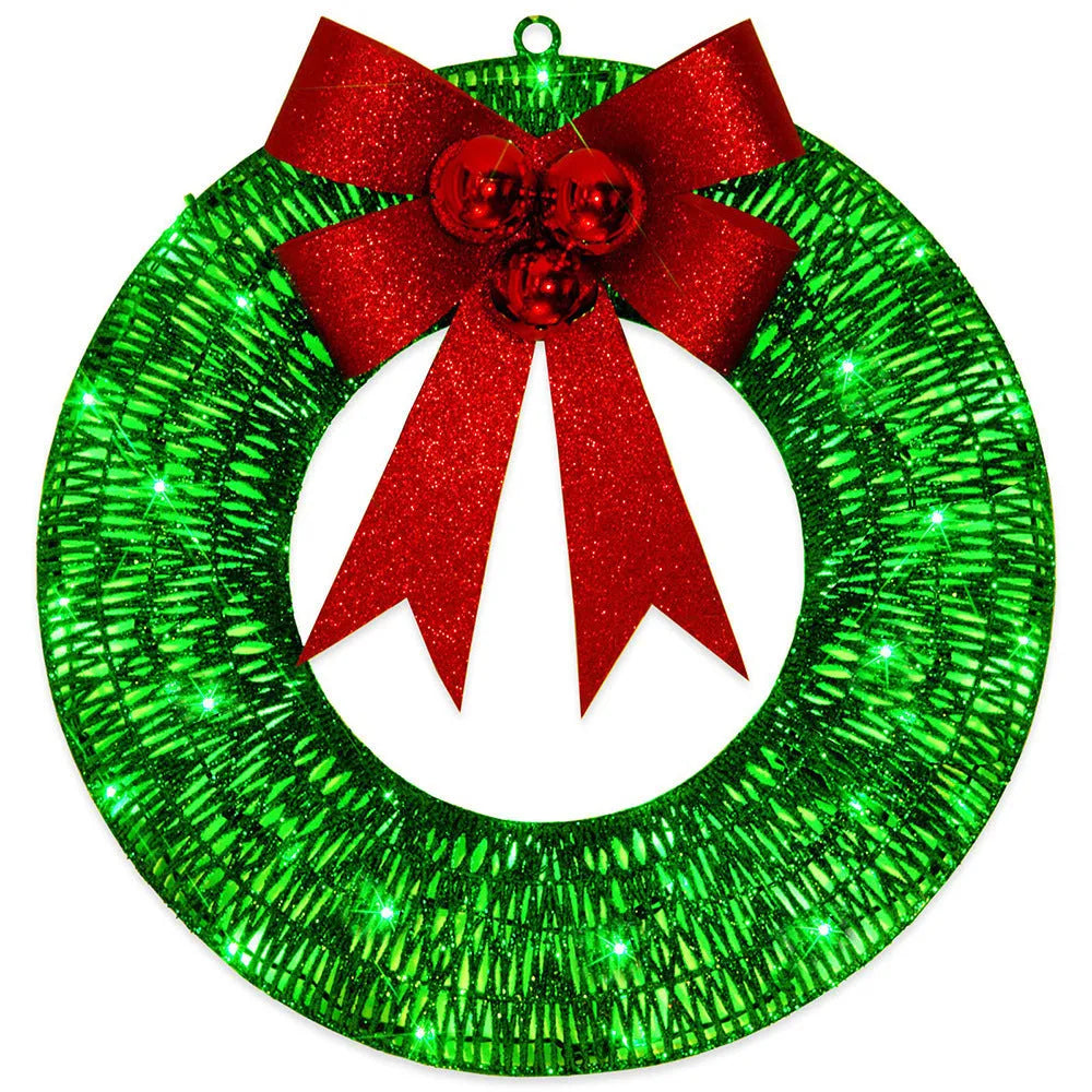 50cm Christmas garland wreath with bowknot, 140 warm LED lights, gold or green, for front door indoor outdoor use