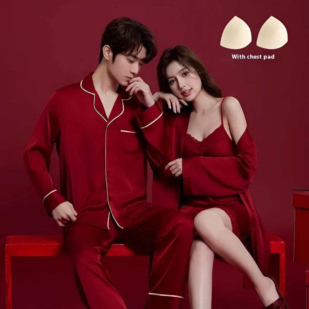 Red ice silk wedding dowry loungewear set for men and women with long sleeves and trousers