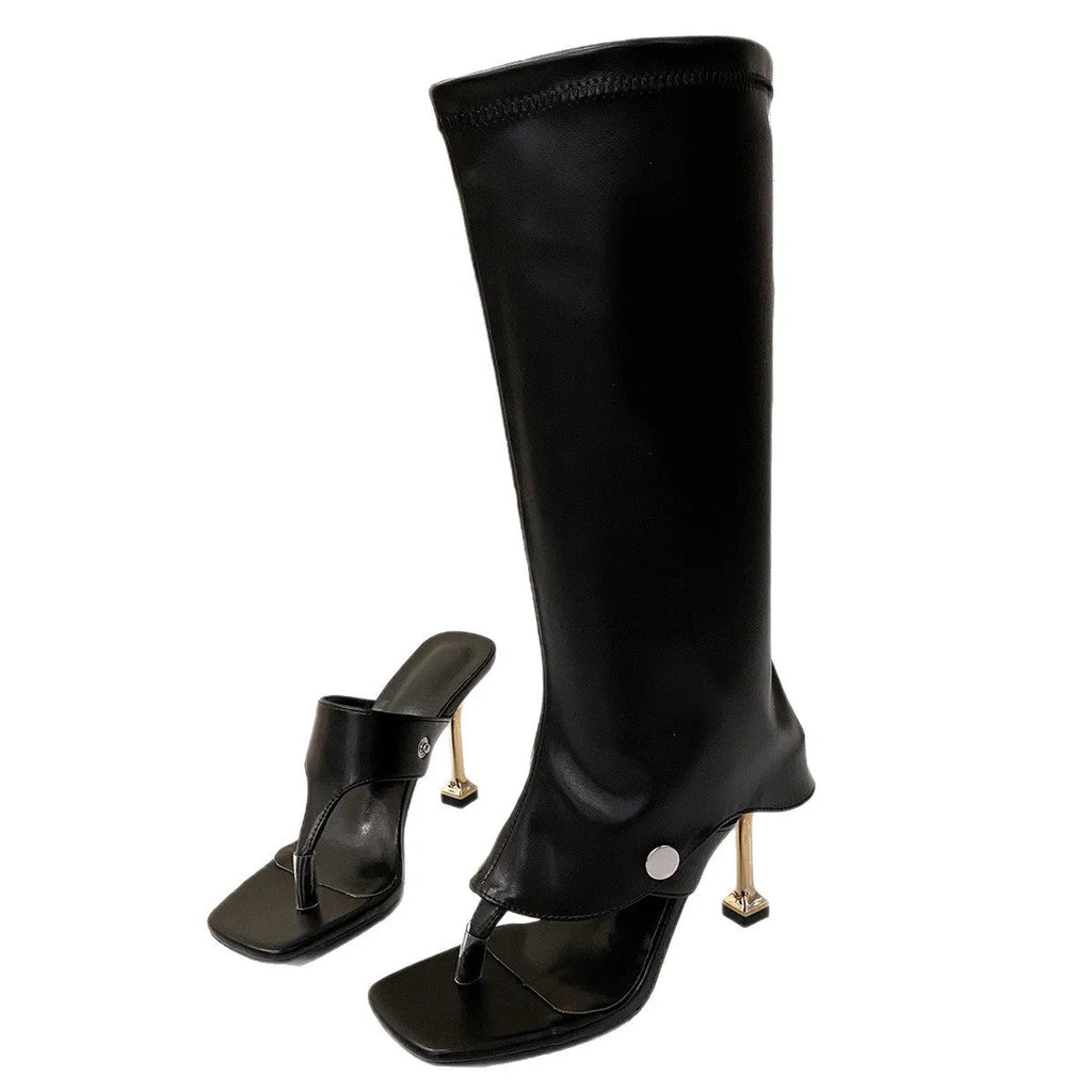 High-heel square-toe thin-strap slip-on sandal boots in beige with PU upper and rubber outsole