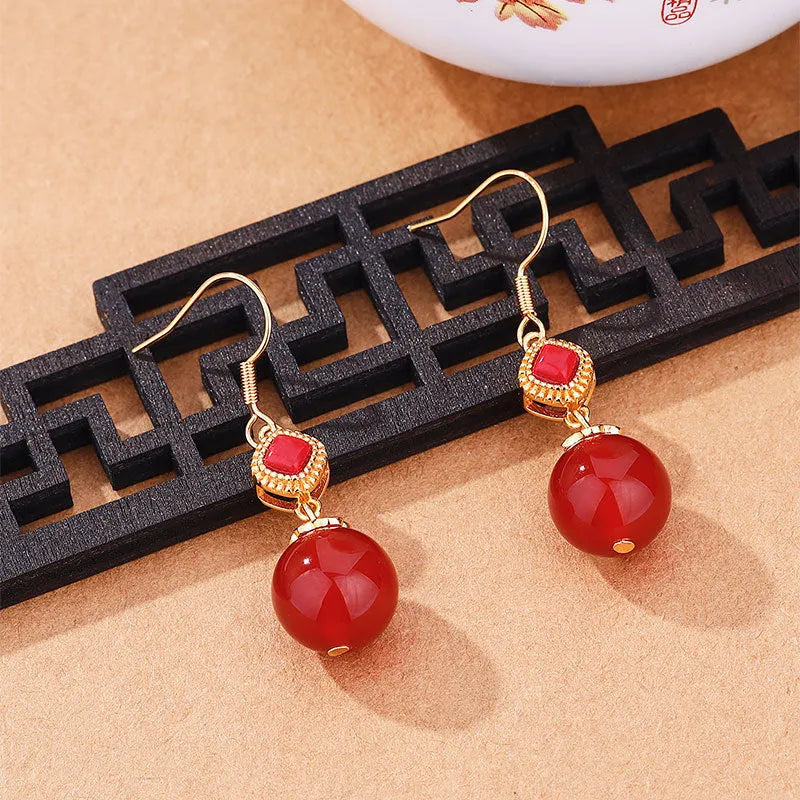 Southern red agate round bead earrings with geometric S925 silver jasper inlay