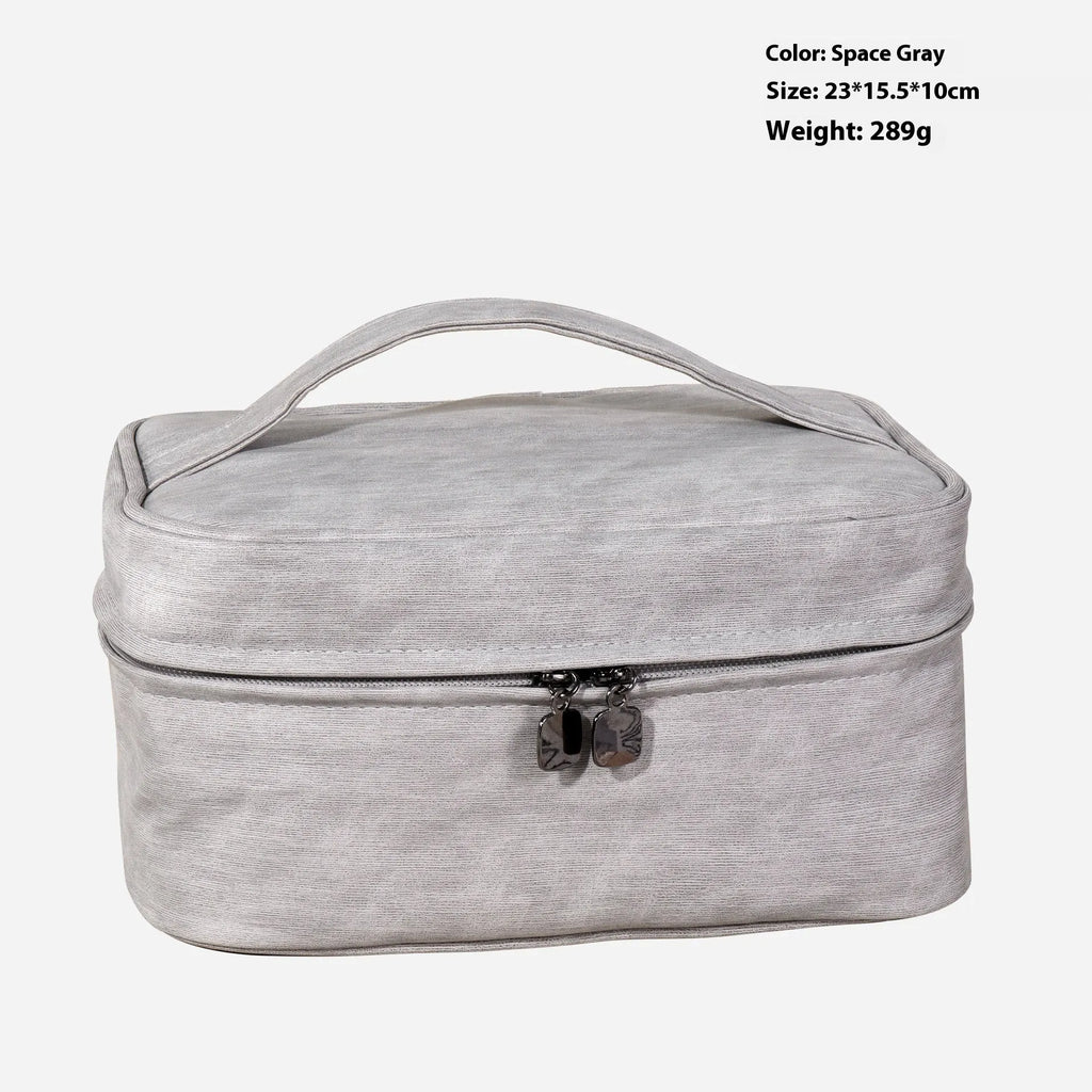 Large capacity waterproof PU cosmetic bag in Mirror Coffee or space grey with solid colour and sewing line detail
