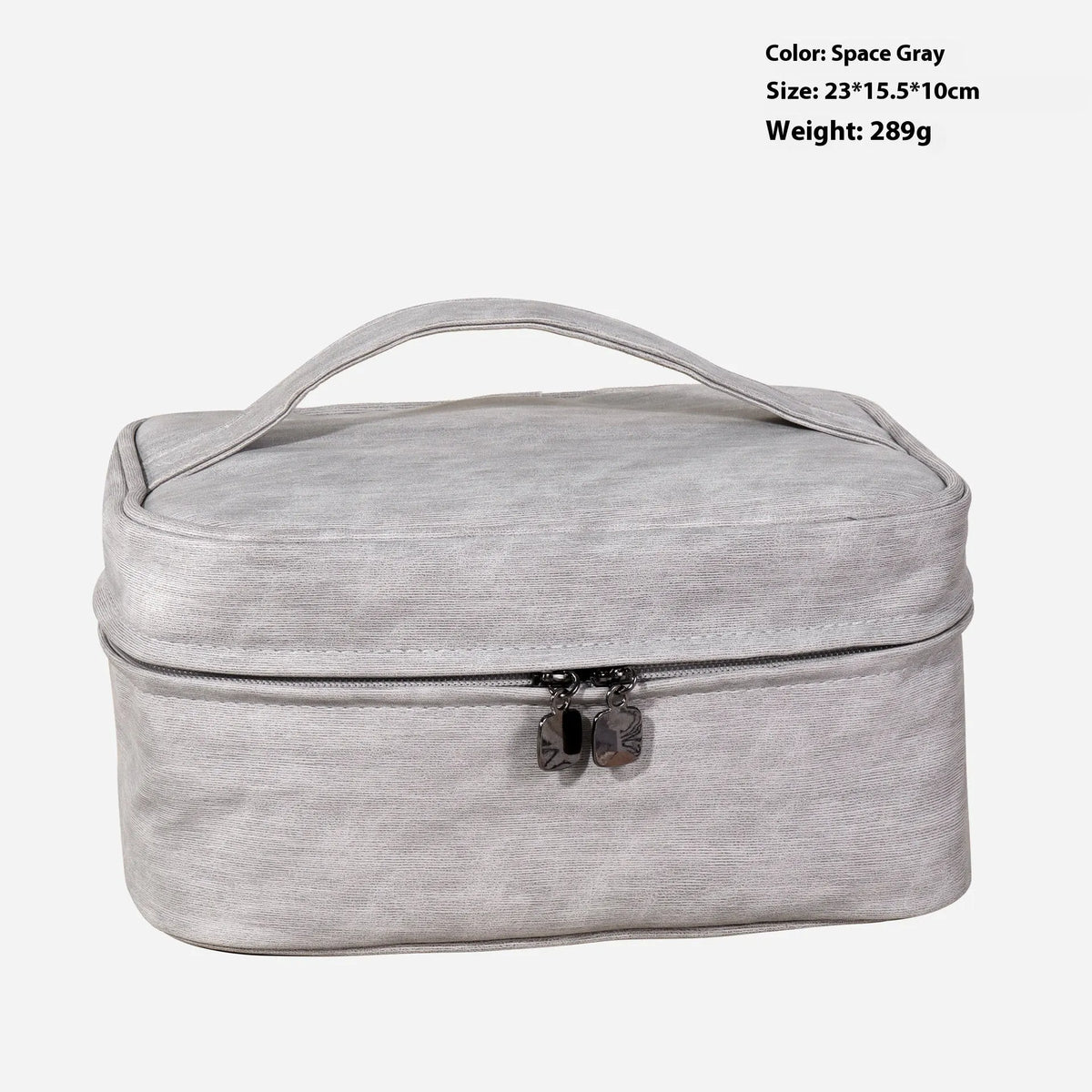 Large capacity waterproof PU cosmetic bag in Mirror Coffee or space grey with solid colour and sewing line detail