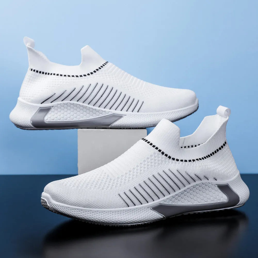 Men's mesh sock sneakers with striped design and lace-up front closure