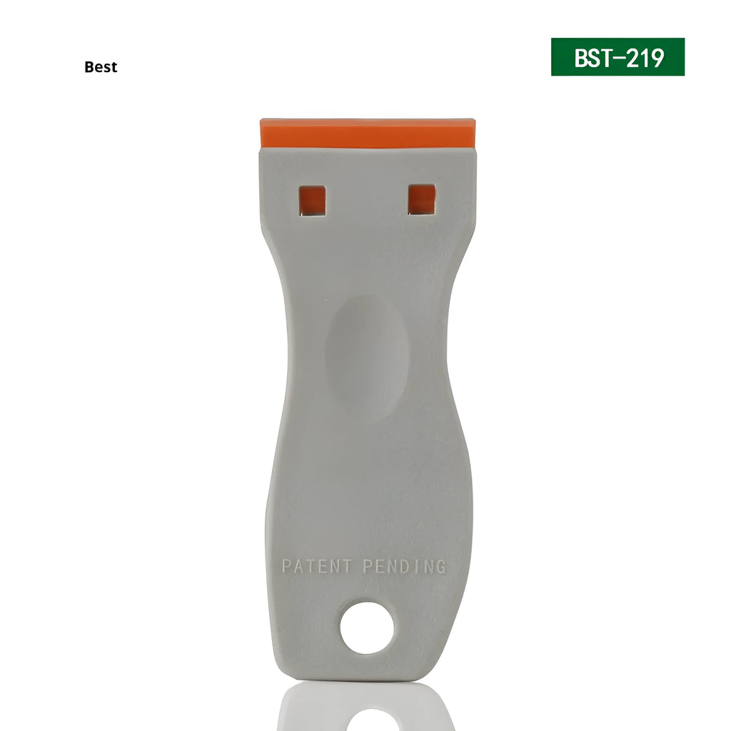 Car film glue removal scraper with stainless steel 40mm blade and grey plastic handle on white background