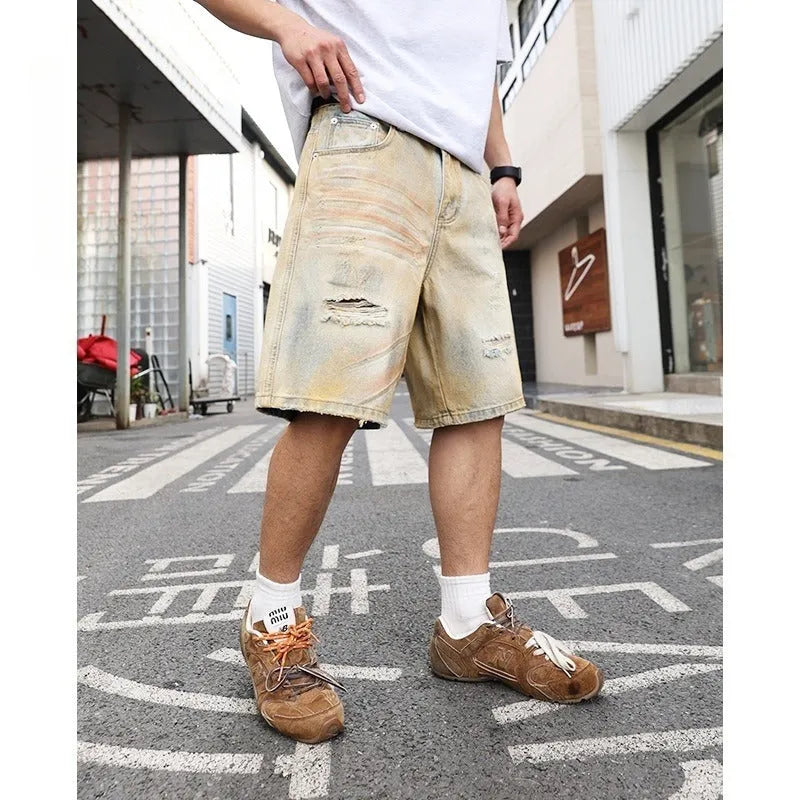 Men's light blue washed ripped denim shorts straight leg mid-length casual style