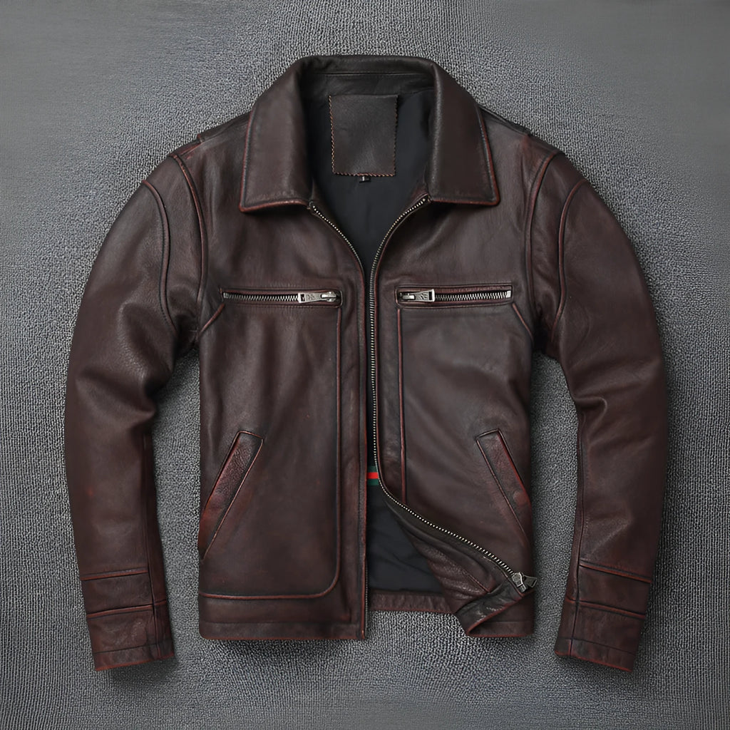 Men's short motorcycle leather coat in reddish brown with stonewashed distressed finish, front view