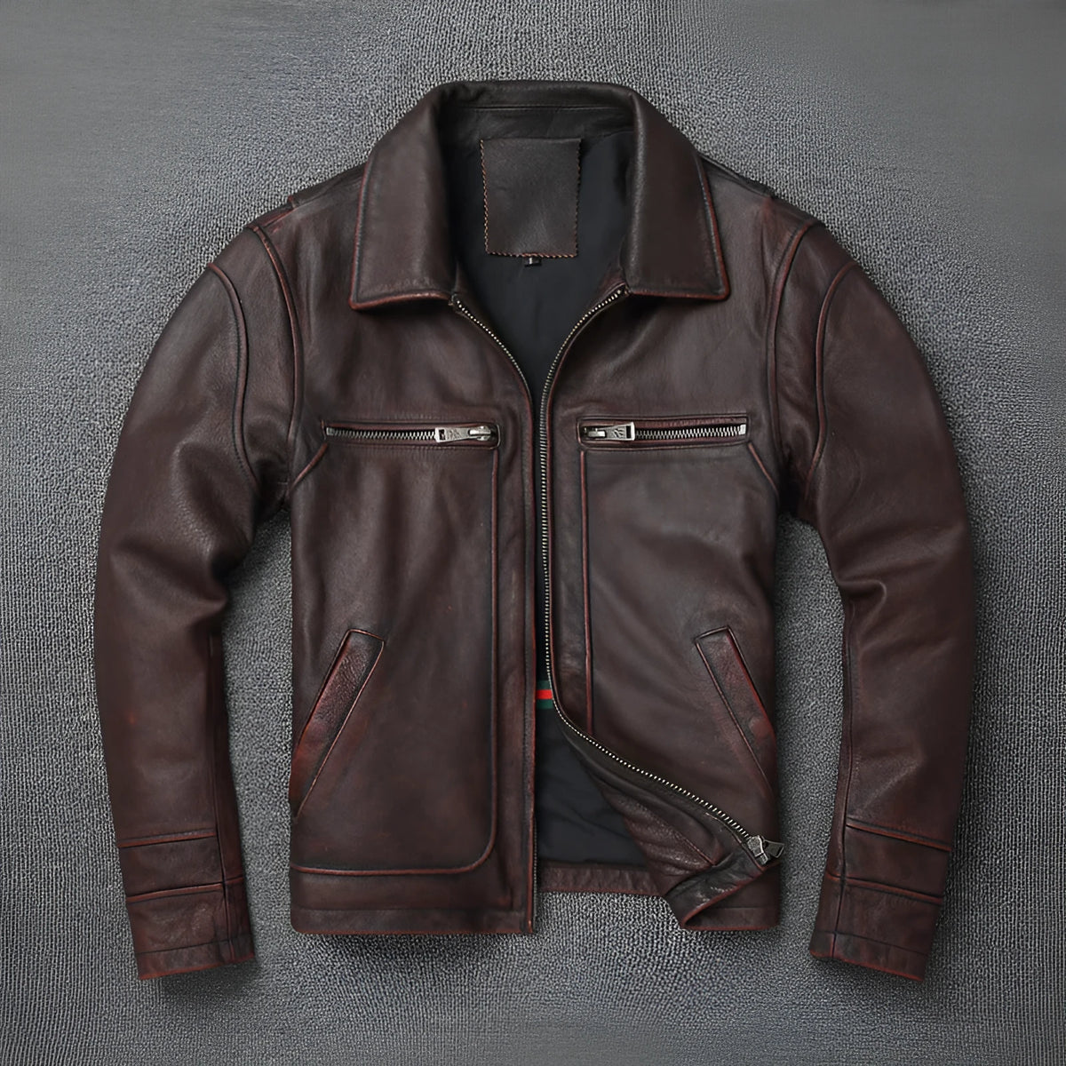 Men's short motorcycle leather coat in reddish brown with stonewashed distressed finish, front view