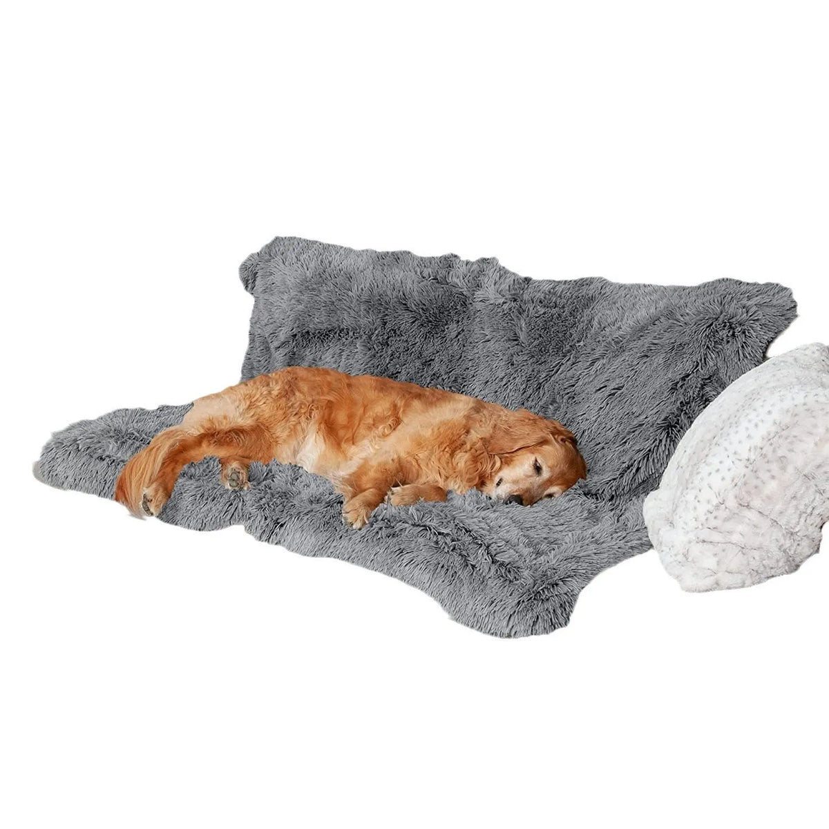 Plush waterproof dog cushion in dark grey, light grey, or rubber colour, shown in S, M, L, and XL sizes